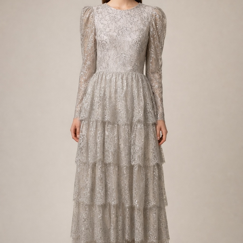 ANTONIO MELANI Silver Long Sleeve Lace Dress